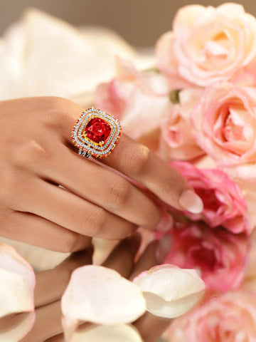 Rubans 22K Gold-Plated Ruby Red & Cubic Zirconia Studded Statement Adjustable Finger Ring Finger Rings