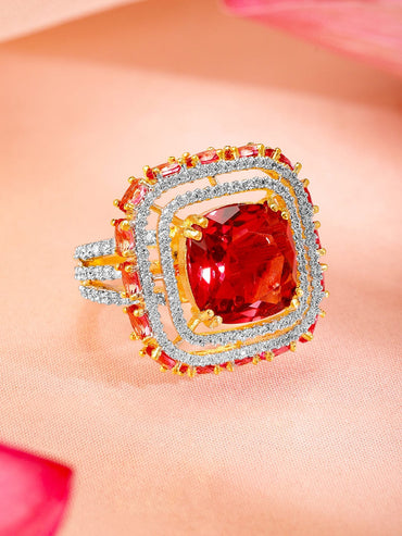 Rubans 22K Gold-Plated Ruby Red & Cubic Zirconia Studded Statement Adjustable Finger Ring Rings