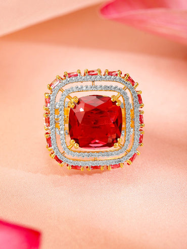 Rubans 22K Gold-Plated Ruby Red & Cubic Zirconia Studded Statement Adjustable Finger Ring Rings