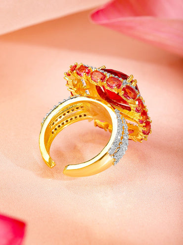 Rubans 22K Gold-Plated Ruby Red & Cubic Zirconia Studded Statement Adjustable Finger Ring Rings