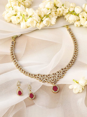 Rubans 22K Gold-Plated Ruby Red & Cubic Zirconia Studded Traditional Necklace Set Jewellery Set