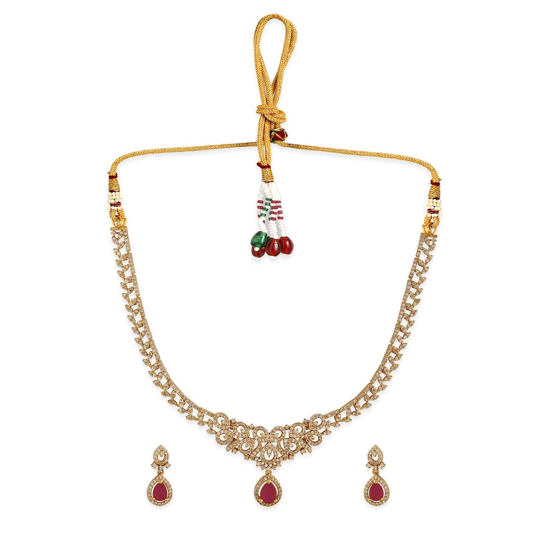 Rubans 22K Gold-Plated Ruby Red & Cubic Zirconia Studded Traditional Necklace Set Necklace Sets