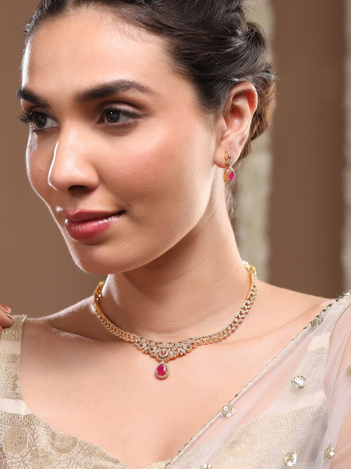 Rubans 22K Gold-Plated Ruby Red & Cubic Zirconia Studded Traditional Necklace Set Necklace Sets