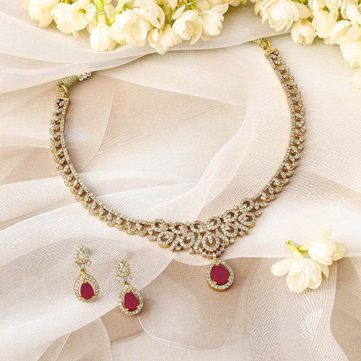 Rubans 22K Gold-Plated Ruby Red & Cubic Zirconia Studded Traditional Necklace Set Necklace Sets