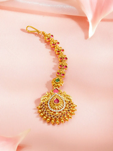 Rubans 22K Gold-Plated Ruby Red & Emerald Green Cubic Zirconia Stones & Beaded Maang Tikka Head Jewellery