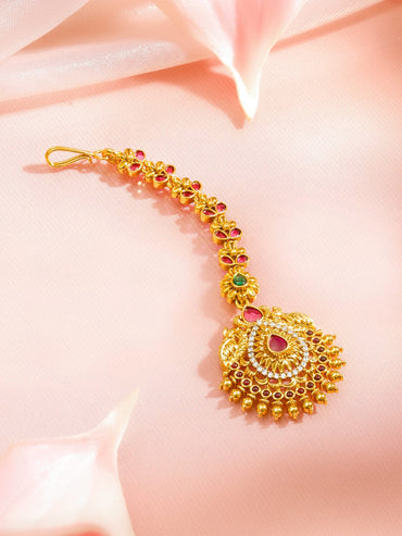 Rubans 22K Gold-Plated Ruby Red & Emerald Green Cubic Zirconia Stones & Beaded Maang Tikka Head Jewellery
