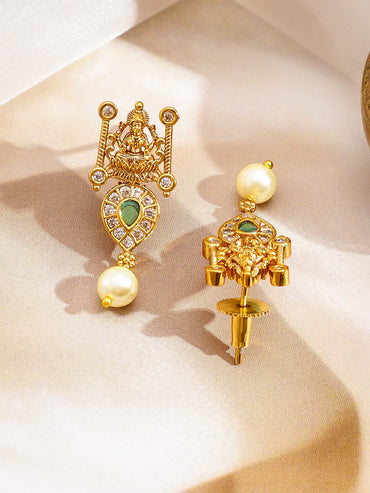 Rubans 22K Gold-Plated Ruby Red & Emerald Green Cubic Zirconia Temple Long Necklace Set Jewellery Set