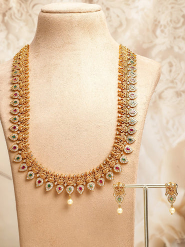 Rubans 22K Gold-Plated Ruby Red & Emerald Green Cubic Zirconia Temple Long Necklace Set Jewellery Set