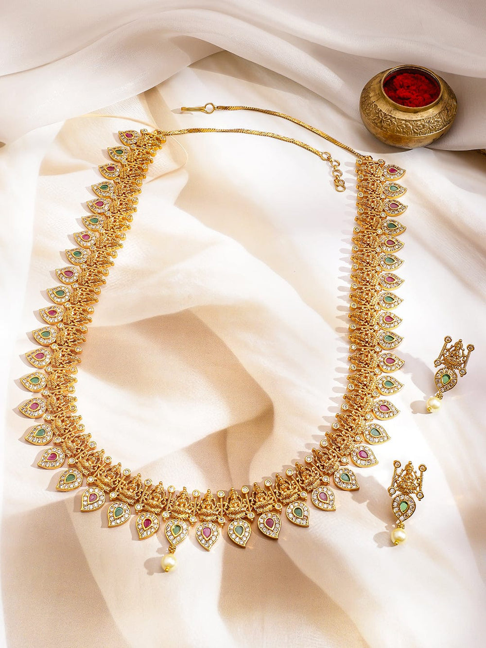 Rubans 22K Gold-Plated Ruby Red & Emerald Green Cubic Zirconia Temple Long Necklace Set Jewellery Set