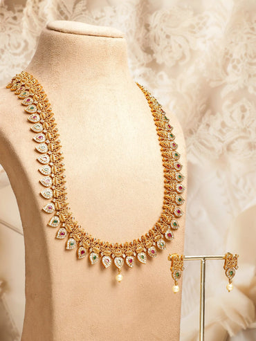 Rubans 22K Gold-Plated Ruby Red & Emerald Green Cubic Zirconia Temple Long Necklace Set Jewellery Set