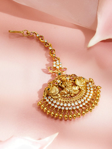 Rubans 22K Gold-Plated Ruby Red & Emerald Green Cubic Zirconia Temple Maang Tikka Head Jewellery