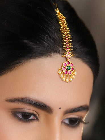 Rubans 22K Gold-Plated Ruby Red & Emerald Green Cubic Zirconia with Pearl Drop Detailing Maang Tikka Head Jewellery