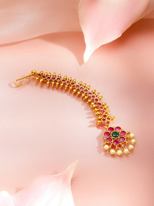 Rubans 22K Gold-Plated Ruby Red & Emerald Green Cubic Zirconia with Pearl Drop Detailing Maang Tikka Head Jewellery