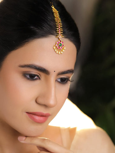 Rubans 22K Gold-Plated Ruby Red & Emerald Green Cubic Zirconia with Pearl Drop Detailing Maang Tikka Head Jewellery