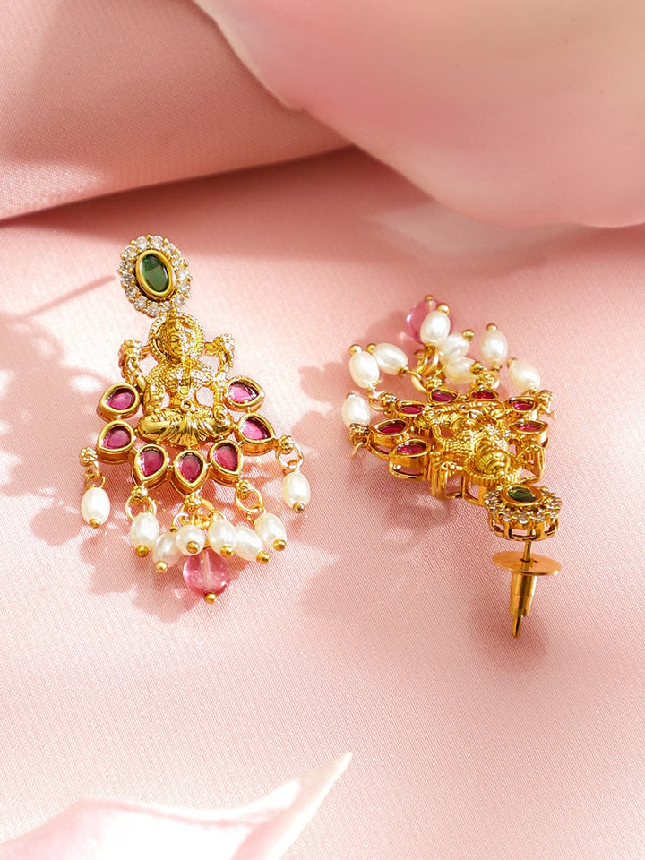 Rubans 22K Gold-Plated Ruby Red, Emerald Green, CZ & Pearl Beads Lakshmi Motif Temple Necklace Set Jewellery Set