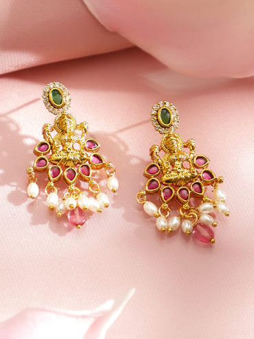 Rubans 22K Gold-Plated Ruby Red, Emerald Green, CZ & Pearl Beads Lakshmi Motif Temple Necklace Set Jewellery Set