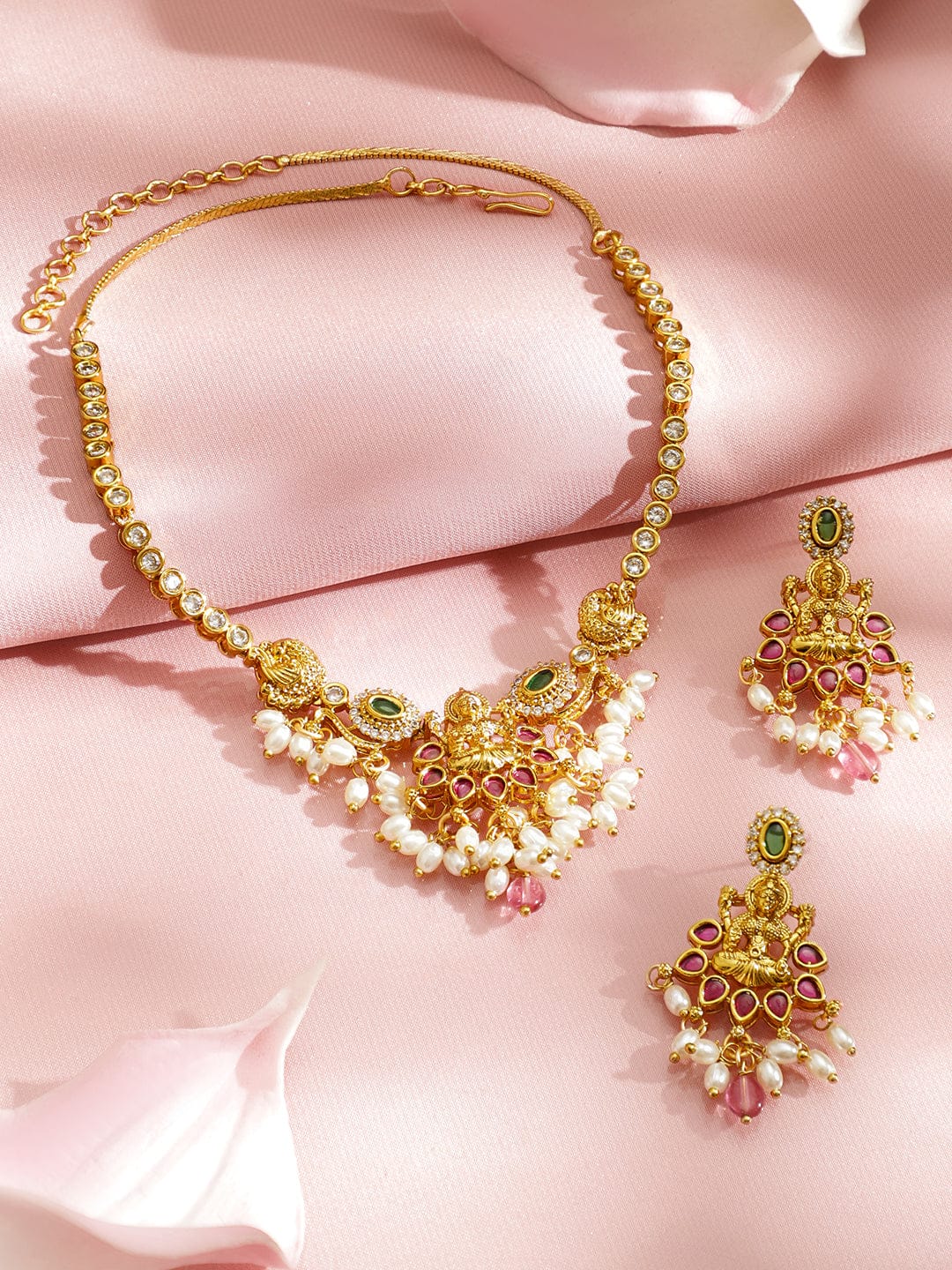 Rubans 22K Gold-Plated Ruby Red, Emerald Green, CZ & Pearl Beads Lakshmi Motif Temple Necklace Set Jewellery Set