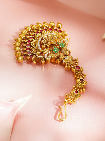 Rubans 22K Gold-Plated Ruby Red & Emerald Green CZ Studded Floral Temple Maang Tikka Head Jewellery