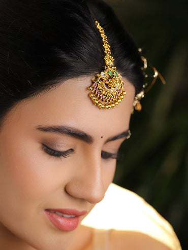 Rubans 22K Gold-Plated Ruby Red & Emerald Green CZ Studded Floral Temple Maang Tikka Head Jewellery