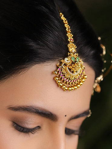 Rubans 22K Gold-Plated Ruby Red & Emerald Green CZ Studded Floral Temple Maang Tikka Head Jewellery