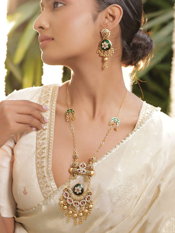 Rubans 22K Gold-Plated Ruby Red & Emerald Green Enamel Long Necklace Set with Golden Drops Necklace Set