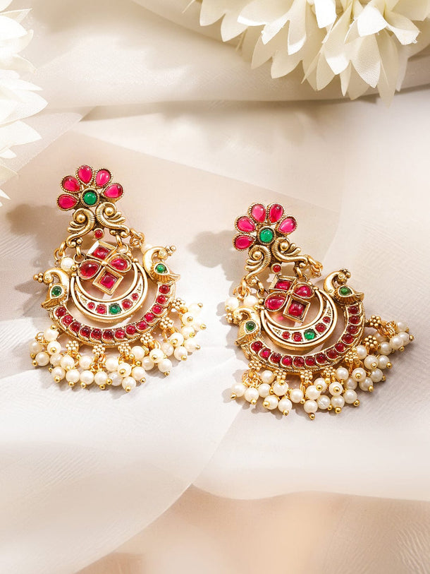 Rubans 22K Gold-Plated Ruby Red & Emerald Green Kundan Chandbali Earrings with Pearl Beads Earrings