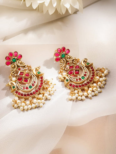 Rubans 22K Gold-Plated Ruby Red & Emerald Green Kundan Chandbali Earrings with Pearl Beads Earrings