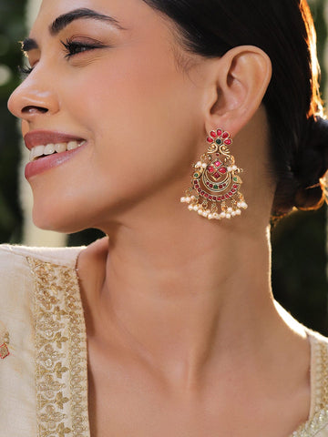 Rubans 22K Gold-Plated Ruby Red & Emerald Green Kundan Chandbali Earrings with Pearl Beads Earrings