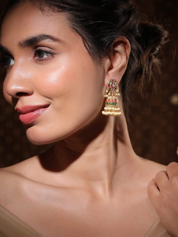 Rubans 22K Gold-Plated Ruby Red & Emerald Green Kundan Stone Studed Jhumka with Pearl Bead Earrings