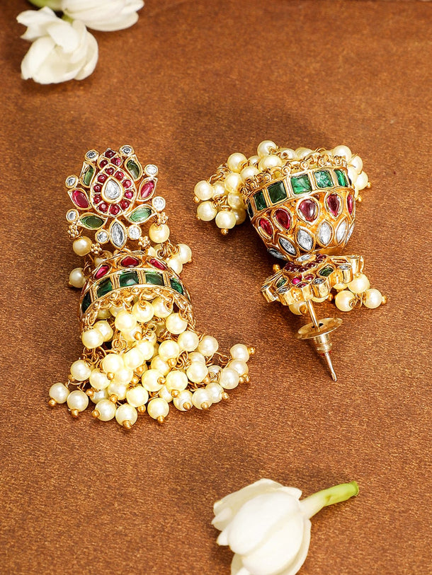 Rubans 22K Gold-Plated Ruby Red & Emerald Green Kundan Stone Studed Jhumka with Pearl Bead Earrings