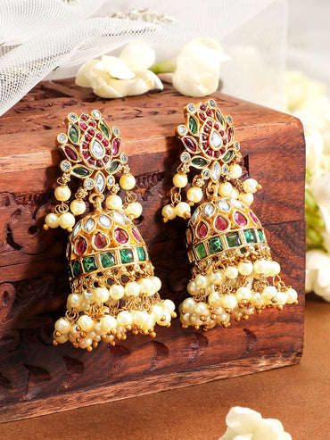 Rubans 22K Gold-Plated Ruby Red & Emerald Green Kundan Stone Studed Jhumka with Pearl Bead Earrings
