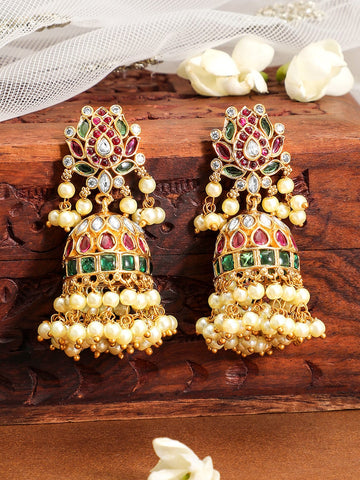 Rubans 22K Gold-Plated Ruby Red & Emerald Green Kundan Stone Studed Jhumka with Pearl Bead Earrings