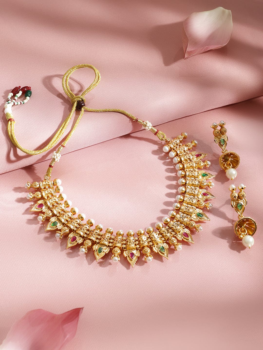 Rubans 22K Gold-Plated Ruby Red & Emerald Green Stone and Pearl Beads Brass Necklace Set Jewellery Set