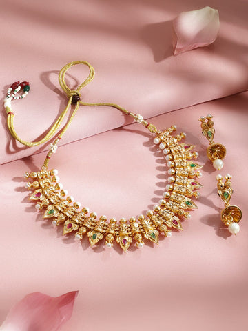 Rubans 22K Gold-Plated Ruby Red & Emerald Green Stone and Pearl Beads Brass Necklace Set Jewellery Set