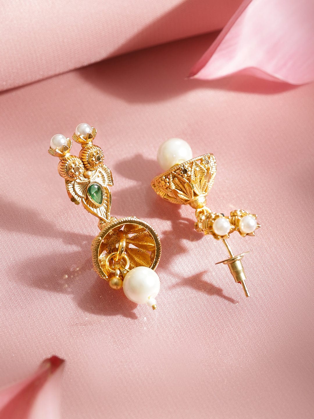 Rubans 22K Gold-Plated Ruby Red & Emerald Green Stone and Pearl Beads Brass Necklace Set Jewellery Set