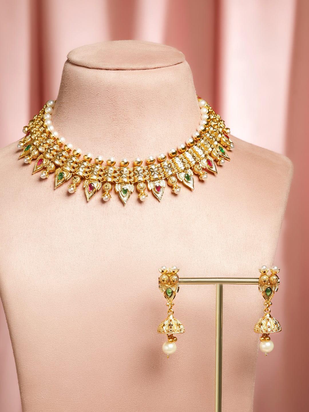 Rubans 22K Gold-Plated Ruby Red & Emerald Green Stone and Pearl Beads Brass Necklace Set Jewellery Set