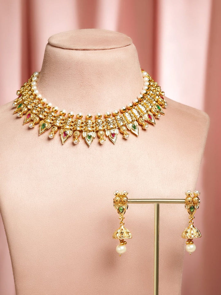 Rubans 22K Gold-Plated Ruby Red & Emerald Green Stone and Pearl Beads Brass Necklace Set Jewellery Set