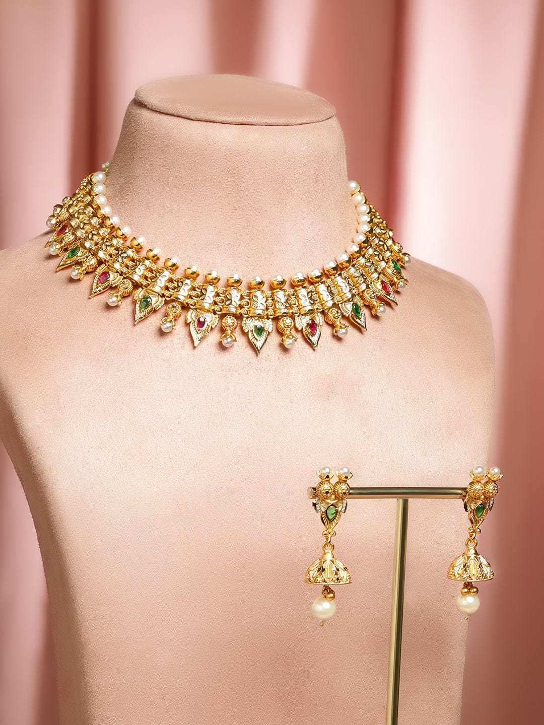 Rubans 22K Gold-Plated Ruby Red & Emerald Green Stone and Pearl Beads Brass Necklace Set Jewellery Set