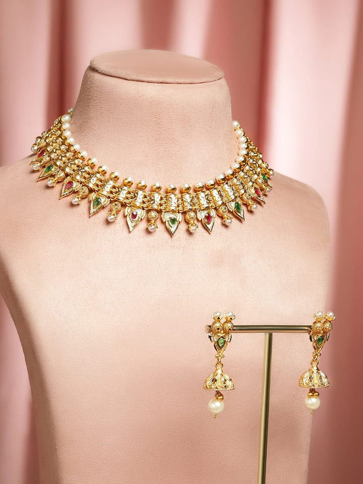 Rubans 22K Gold-Plated Ruby Red & Emerald Green Stone and Pearl Beads Brass Necklace Set Jewellery Set