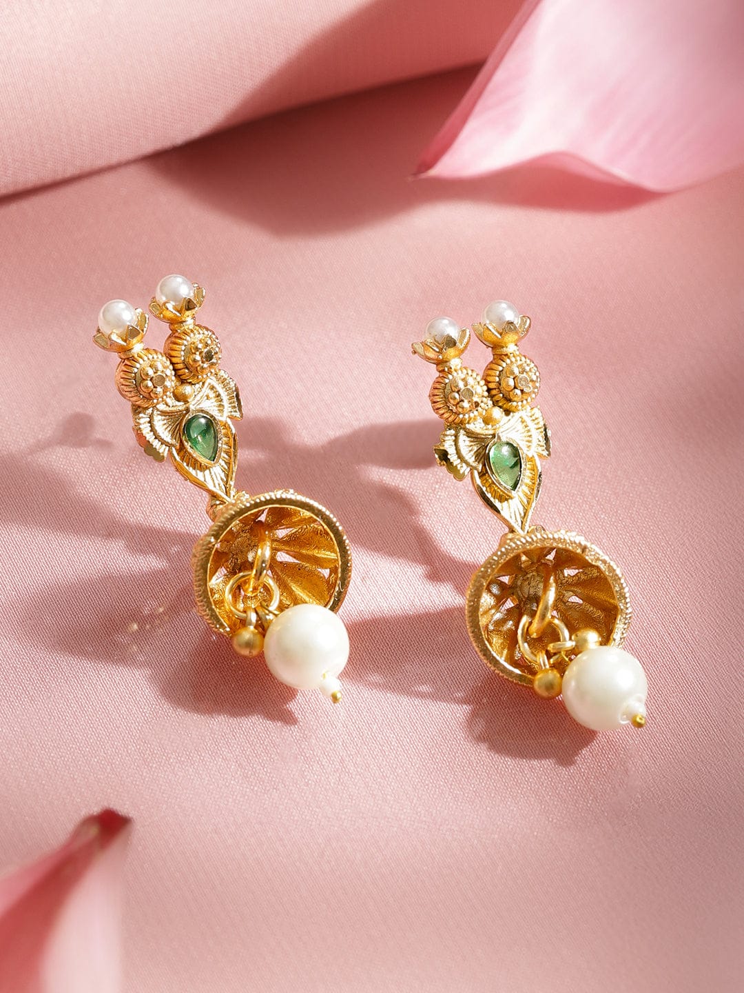 Rubans 22K Gold-Plated Ruby Red & Emerald Green Stone and Pearl Beads Brass Necklace Set Jewellery Set