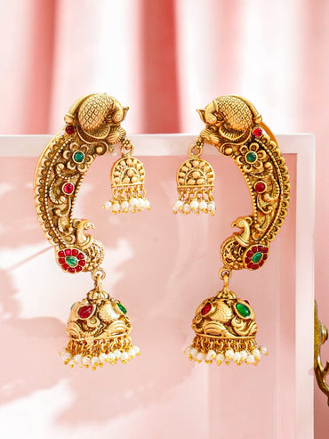 Rubans 22K Gold-Plated Ruby Red & Emerald Green Stone Bird Motif Oversized Earcuff Jhumka Earrings with Pearl Beads Earrings