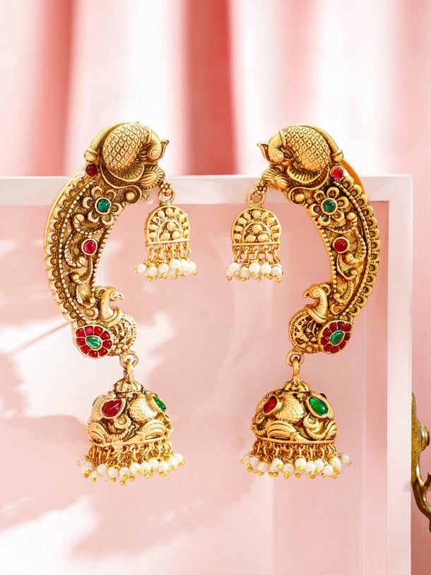 Rubans 22K Gold-Plated Ruby Red & Emerald Green Stone Bird Motif Oversized Earcuff Jhumka Earrings with Pearl Beads Earrings