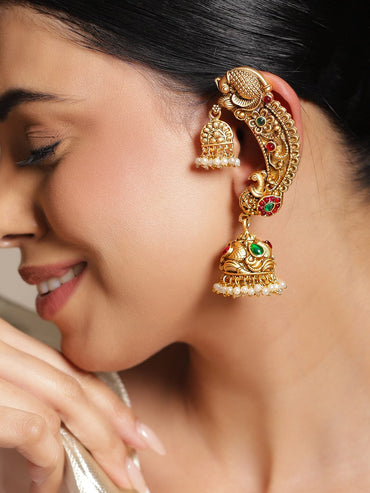 Rubans 22K Gold-Plated Ruby Red & Emerald Green Stone Bird Motif Oversized Earcuff Jhumka Earrings with Pearl Beads Earrings