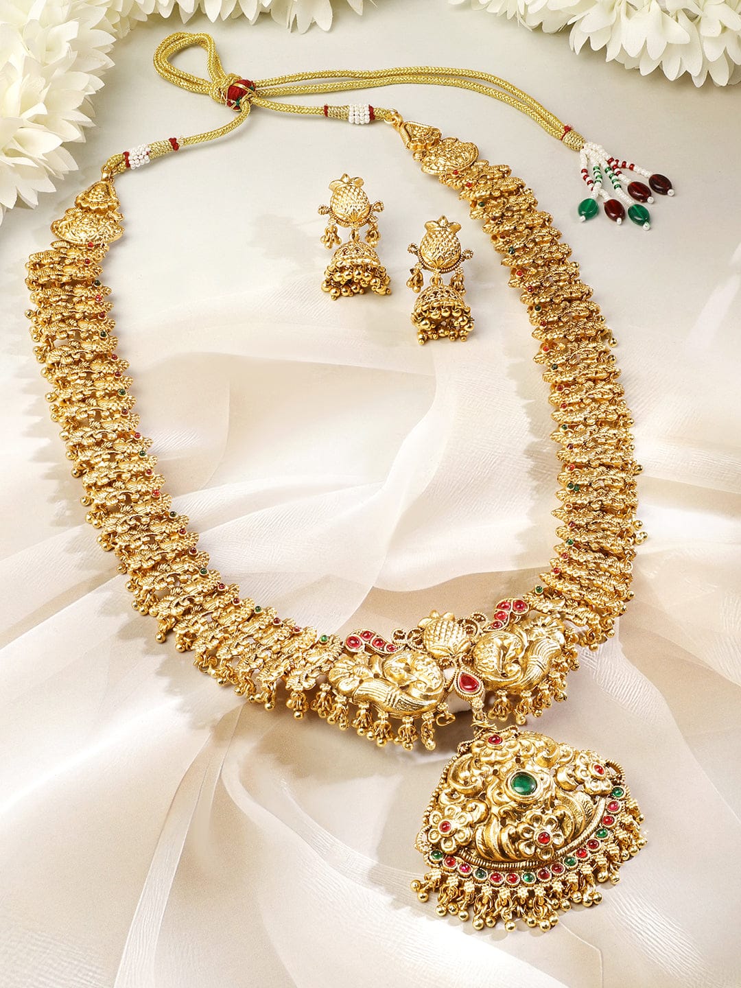 Rubans 22K Gold-Plated Ruby Red & Emerald Green Stone Long Jewellery Set Jewellery Set