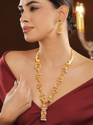 Rubans 22K Gold-Plated Ruby Red & Emerald Green Stone & Pearl Beaded Long Necklace Set Necklace Set