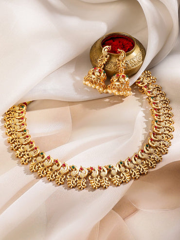 Rubans 22K Gold-Plated Ruby Red & Emerald Green Stone Studded Brass Necklace Jewellery Set Necklaces, Necklace Sets, Chains & Mangalsutra