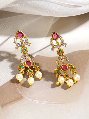 Rubans 22K Gold-Plated Ruby Red & Emerald Green Stone Studded Pearl Beaded Traditional Necklace Set Jewellery Set