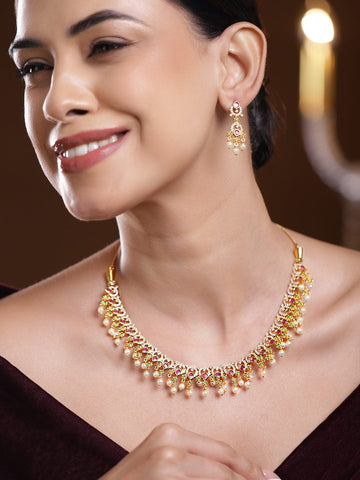 Rubans 22K Gold-Plated Ruby Red & Emerald Green Stone Studded Pearl Beaded Traditional Necklace Set Jewellery Set