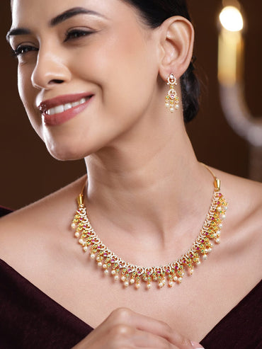 Rubans 22K Gold-Plated Ruby Red & Emerald Green Stone Studded Pearl Beaded Traditional Necklace Set Jewellery Set