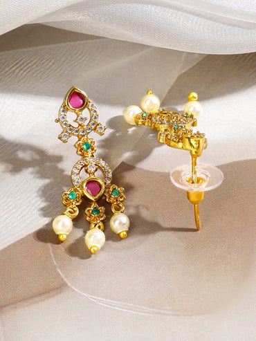 Rubans 22K Gold-Plated Ruby Red & Emerald Green Stone Studded Pearl Beaded Traditional Necklace Set Jewellery Set